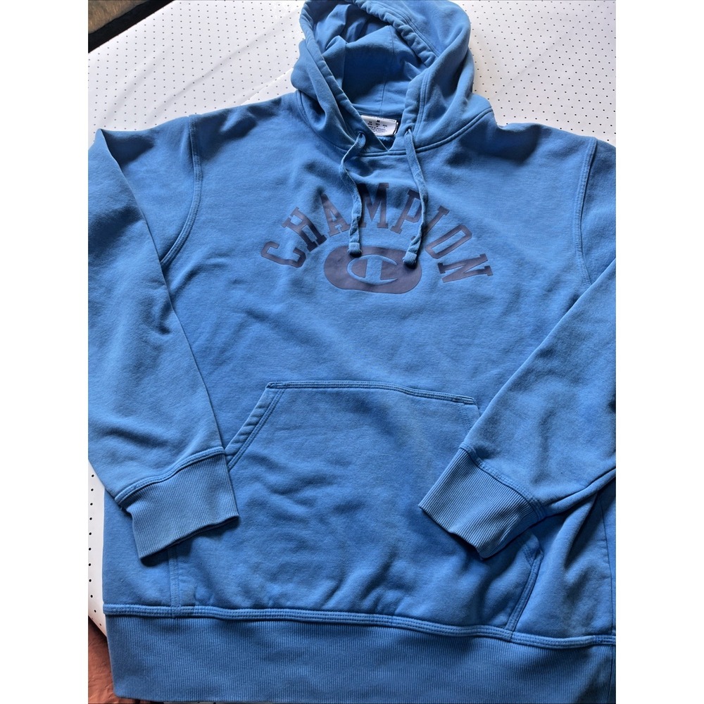 Champion Hoodie Mens Medium Bright Blue Pullover Sweatshirt Big Logo Graphic